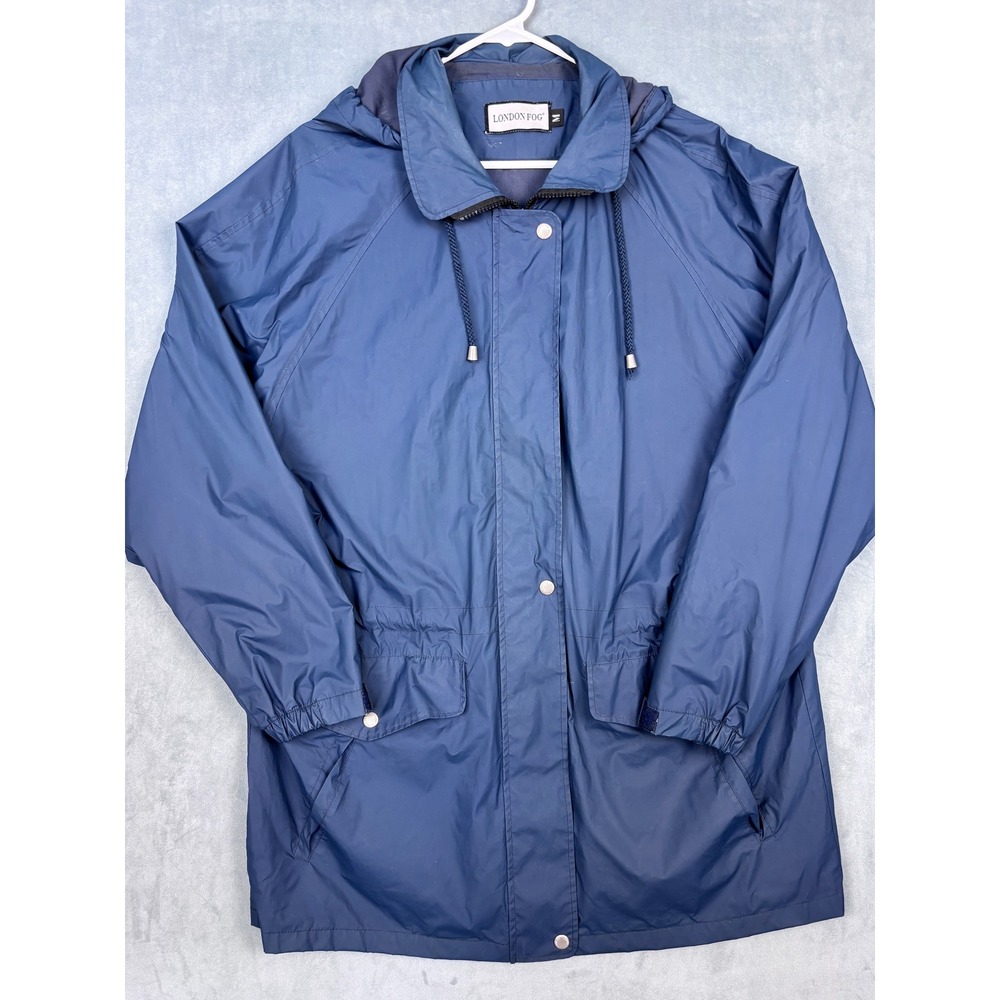 London Fog Mens Navy Blue Hooded Rain Jacket PVC Shell‎ Size M